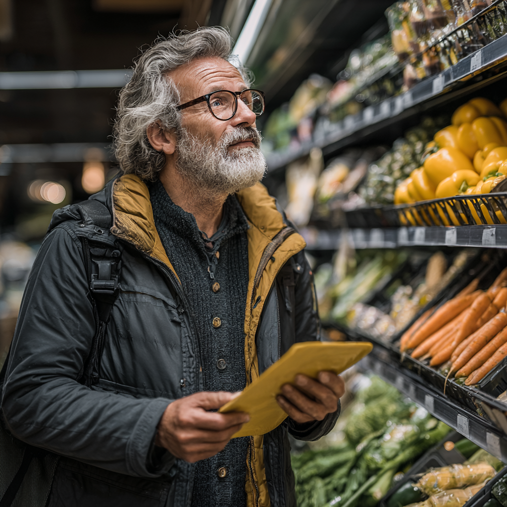 Чоловік 58 років обирає здорові продукти в супермаркеті згідно з персональним планом харчування