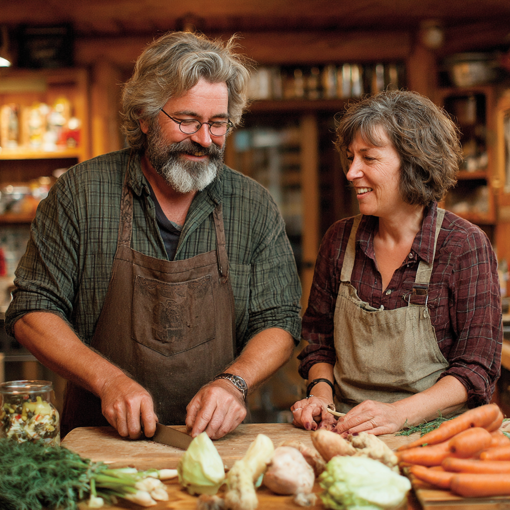 Сімейна пара 52 та 55 років готує здорову їжу разом, використовуючи рецепти з porvalesh