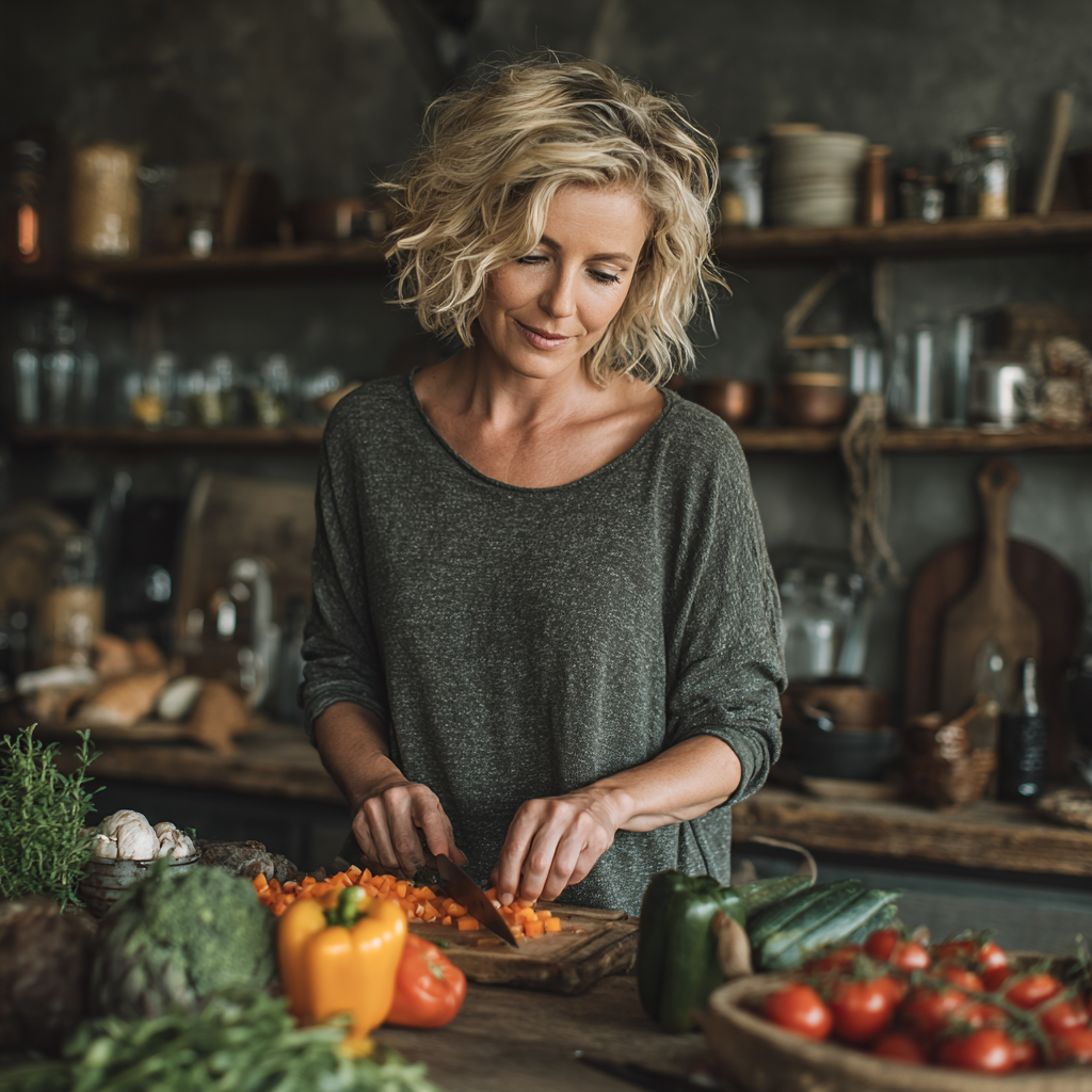 Щаслива жінка 55 років готує здорову їжу на кухні за персональним планом харчування porvalesh